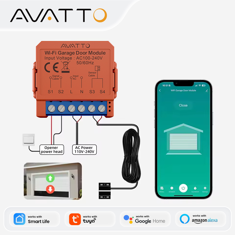 Smart Home Voice Assistant - AVATTO WiFiガレージドアオープナー スマートアプリリモート音声制御ゲートドアスイッチモジュール Tuya、Alexa、Google Home、Alice対応