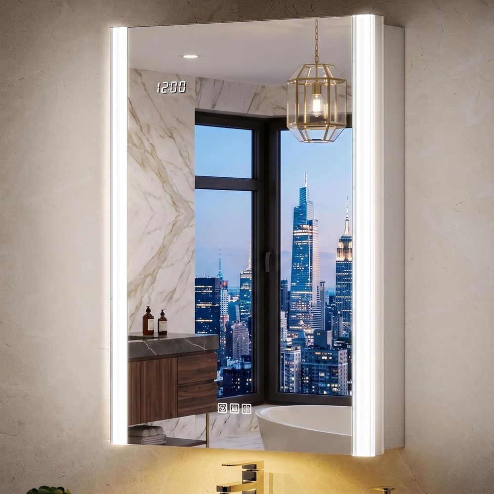 Smart Home Furniture - 20x32 ライト付き薬棚ミラー（ライト＆スマートナイトランプ付き）-Surace or Reced 薬棚ミラー（コンセント＆クロック付き）