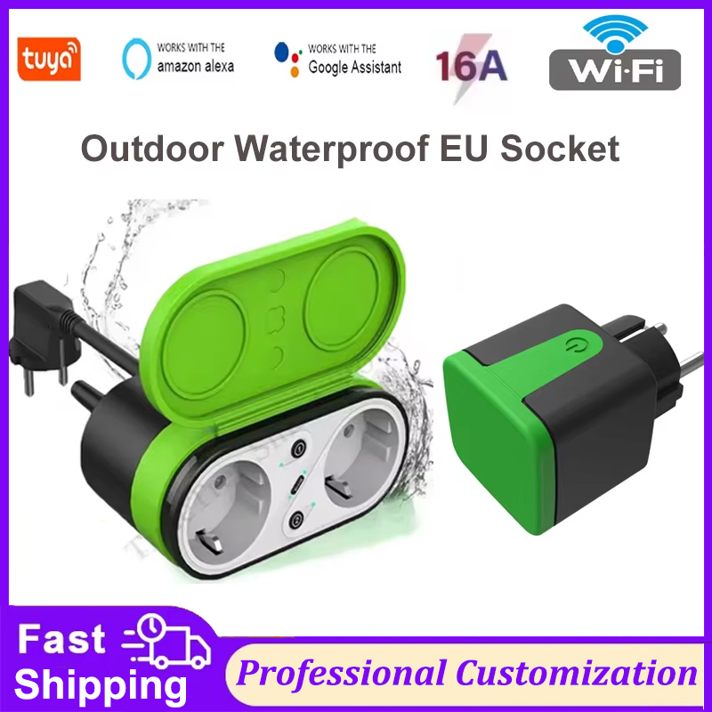 Smart Home Project - Tuya EU 16A Wifiスマート屋外プラグスイッチソケットIP44防水スマートダブルソケットタイマーAPP音声制御 Alexa Google対応