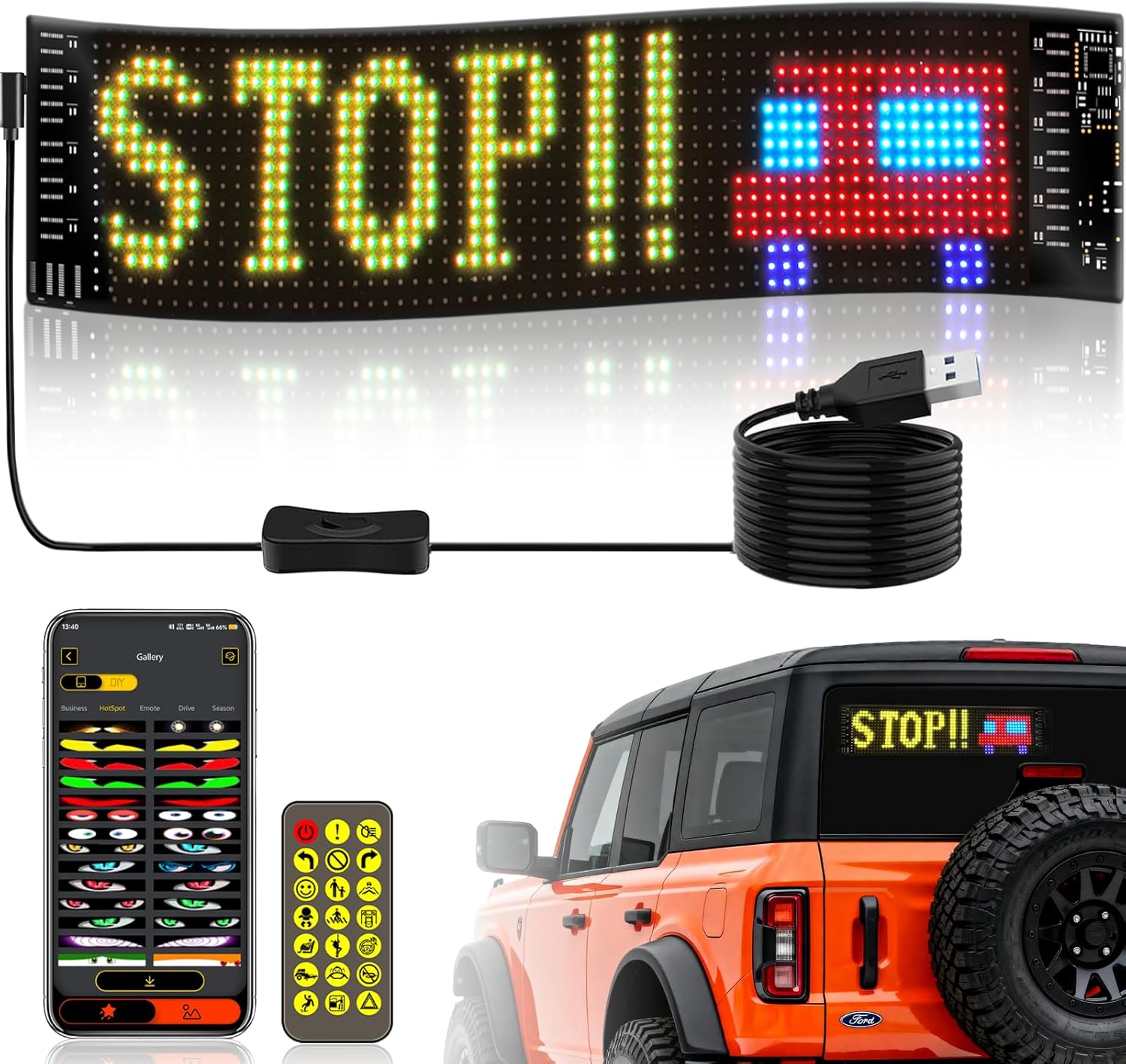 Smart Bulb - LEDカーサイン フレキシブルLEDマトリックスパネル 5V USB LEDライトサイン 車用