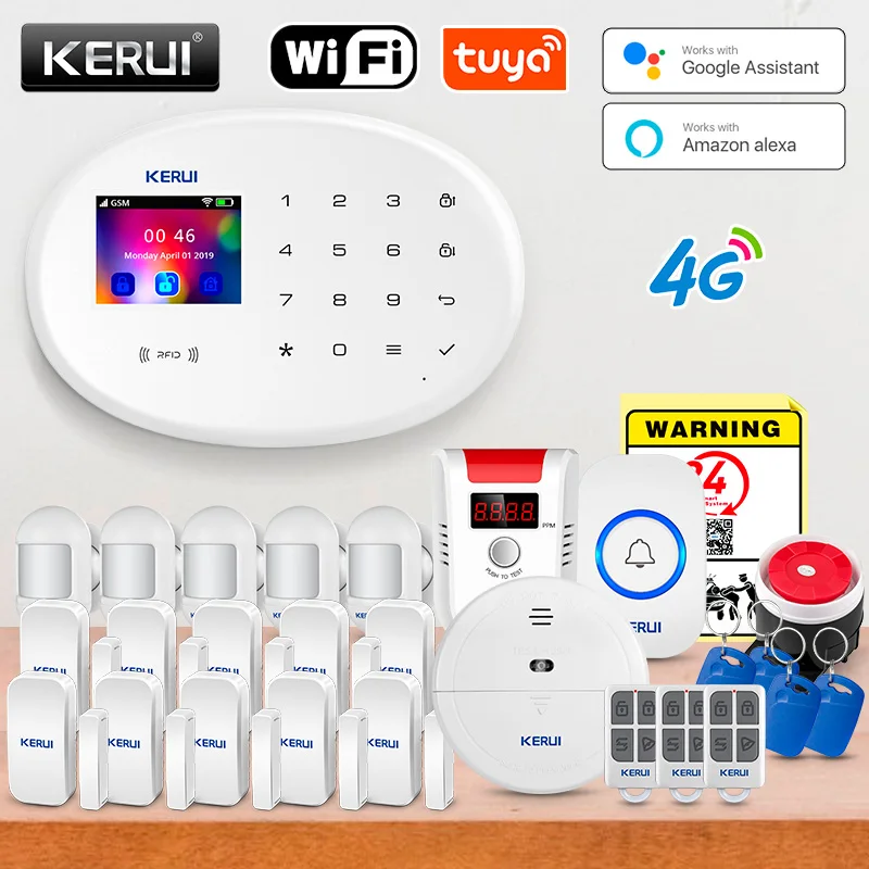 Smart Smoke Detector - KERUI Tuyaスマートアラームシステム4Gワイヤレスホームアラームセット、煙感知器、モーションセンサー、WiFi、GSM搭載、ホームセキュリティ用W204